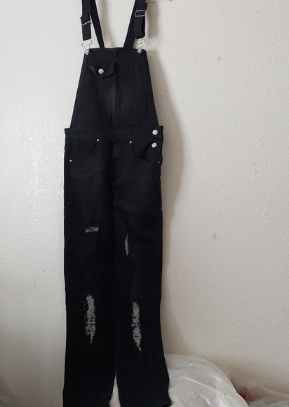 Black Skinny Fit Cross-Back Distressed Overalls Size 4/6 W28 - Picture 1 of 11